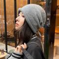 Lazy Style Knitted Ball Cap Womens Autumn Winter Fashion Big Head Scarf Wrapped round Top No Brim Hat Female Model. 