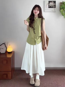 VKSOD | Green Shirt Top White Mini Skirt Two-Piece Set Korean Style Summer New Arrival Button POLO Collar Polyester Material