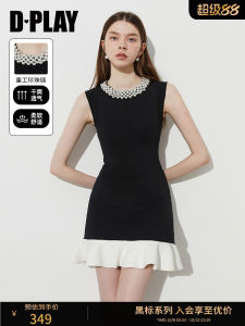 Dplay Black Label Summer 2025 Elegant Pearl Collar Heavy Embroidery Black Dress Womens Fashionable Knitted A-Line Dress