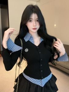 GUZILIAN | Academic Style Slimming Two-Piece Long Sleeve Blouse Puffed Skirt Autumn New Set