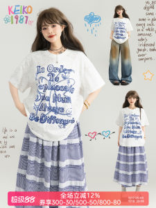 KEIKO Summer Casual Loose Womens T-shirt White Short Sleeve Letter Pattern Print Cotton Polyester Blend Breathable Sweat Absorbent