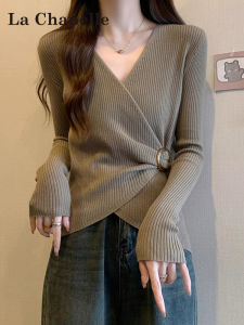 La Chapelle French Design V-Neck Knitwear Womens Inner Wear Spring New plus Size Slimming Top Asymmetrical Long Sleeve