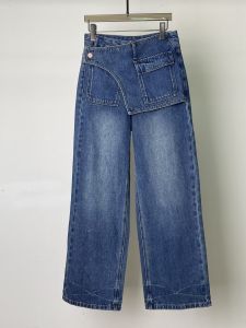 American Style Womens Vintage Washed Denim Pants High Waist Irregular Loose Wide Leg Trousers All-match Ladies Jeans