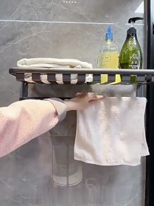 Punch-free Towel Rack Bathroom Aluminium Towel Holder Organizer Rack Toilet Storage Shelf Wall-Mount