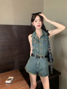 Sweet Cool Sleeveless Halter Denim Jumpsuit Womens Shorts Summer Retro Waist-Controlled Slim Looking Loose Pants Jumpsuit Suit