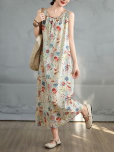 Plus Size Womens Ramie Camisole Dress Summer Outwear Covering Belly Thin Sleeveless Cotton Linen Printing a Word Dress