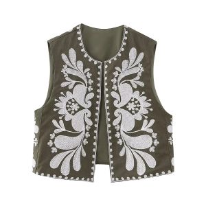 HH Woman Cropped Flower Embroidery Vest Vintage V Neck Sleeveless Cardigan Waistcoat Shirt Chic Tops Summer Womens Clothing