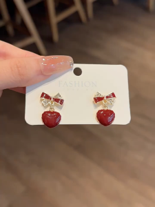 Korean Bow Heart Earrings – Red Cubic Zirconia Drops | Trendy Valentine Gift for Women