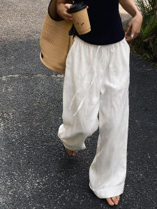 White Cotton Linen Loose High Waist Straight Leg Pants Women Summer Thin Wide Leg Pants Casual Comfortable Long Trousers