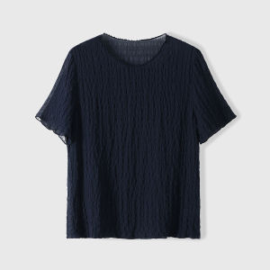 Silk Elegant Summer Womens Short Sleeve Round Neck Shirt