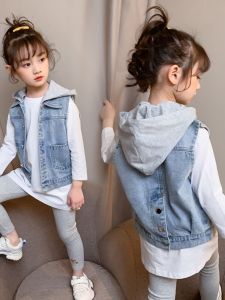Girls Casual Cotton Denim Vest Spring Autumn Fashionable Soft Denim Versatile Top Childrens Wear Single Button Closure Solid Color