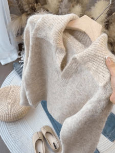 French Style Gentle Retro Soft Glutinous Fancy Knitting Sweater Womens Autumn Loose and Lazy Style Lapel Casual Tops