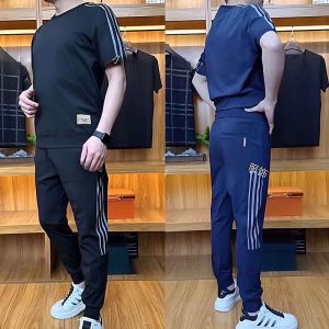 Summer New Style Three Bars Trendy Casual Sports Suit Mens Thin Ice Silk Breathable Short Sleeve Long Pants Two Piece Set