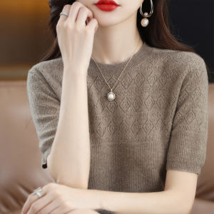 Erdos Cashmere Knitted Short Sleeve Womens round Neck Hollow Loose Slim Fit Overhead Wool Sweater Soft Spring Fashion