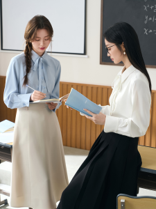 Blue Interview Shirt for Women Butterfly Knot Business Casual Commute Top Simple Style Loose Fit Long Sleeve POLO Neckline