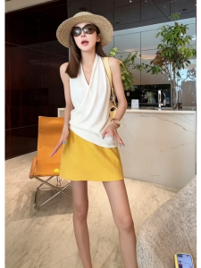YUEZHONGWEI | Youthful Dopamine Dressing French Crossback Tank Top A-line Skirt Set