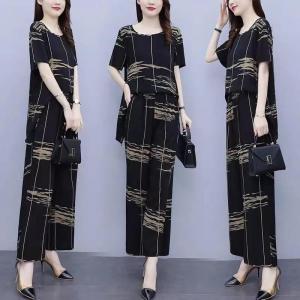 【t-shirt+wide leg pants】95kg can wear korean style short sleeve terno women outfit filipinina modern fashion casual two pieces sets for lady loose middle age mother ternos