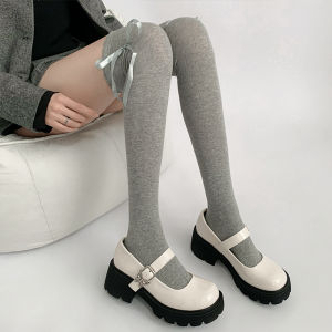 Night Teaching Room White Knee Socks Womens Spring & Fall Knee High Gray Socks Slim Looking Stockings Bows Lace Socks