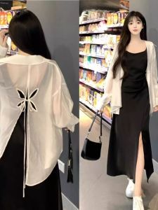 ชุดเดรสยาวแขนกุดป้องกันแสงแดดสไตล์ฝรั่งเศส ชุดสองชิ้น แขนกุด คอเหลี่ยม ทรงเอ สำหรับผู้หญิง ชุดทำงานฤดูร้อน