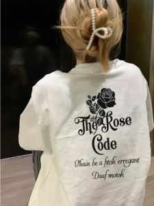 Pure Cotton Rose Short Sleeve T-Shirt Womens Couple Wear Summer Plus Size Loose American Retro Hong Kong Style Chic Tops Trendy