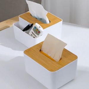 Bamboo Tissue Holder Minimalist Wooden Lid Plastic Tissue Box Kitchen Restaurant Napkin Holder