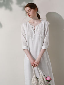 Miccbeirn | Pure Flax Embroidered Sequin Dress Artistic Straight Cut Long Slimming Fairylike Chinese Style Summer Fashion Elegant Dress