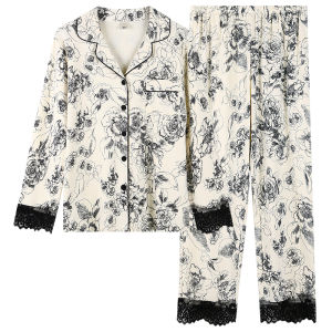 miiow | Womens Pure Cotton Sleepwear Long Sleeve Floral Print Lace Trim Long Pants Home Clothes Thin Set Comfortable Spring Autumn
