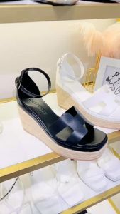 Giày cói sandal chữ H HALEY STORE gót 9cm đế xuồng nâu quai hình H khóa cài tiểu thư công chúa đi chơi du lịch