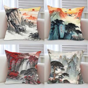 Traditional Chinese Style Mount Tai Landscape Cotton Linen Pillow Cover Sofa Living Room Backrest Cushion Home Decorative Pillow