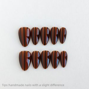 10pcs Brown striped Design Handmade Press On Nails short almond Full Cover simple False Nails