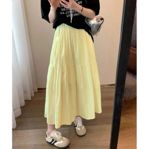 Yellow A-Line Midi Skirt Womens Summer 2025 New Small Size Umbrella Skirt High Waist Korean Style B-Class Safety Garment
