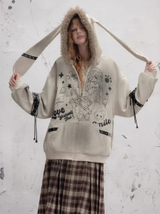 unifree | Áo Hoodie Dây Đeo Lỏng Có Cổ Lông Xám Vintage