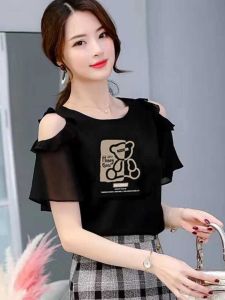 เสื้อเชิ้ตผ้าชีฟองแขนสั้นผู้หญิง 2024 ทรงใหม่ สง่างาม ลดอายุ เทรนด์ฤดูร้อน สไตล์ฝรั่งเศส คอกลม พิมพ์ลาย เสื้อชั้นใน