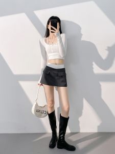 Sweet Cool Spicy Girl Color Block Double Waist Fake Two-Piece Mini Skirt Spring Autumn Anti-Light A-Line Wrap Body Short Skirt Pants