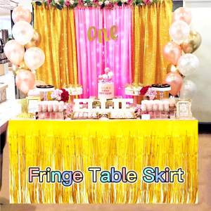 2 Packs Metallic Foil Fringe Table Skirt Pink Tinsel Table Skirt Garland for Rectangle Tables Hotel Floats Mardi Gras Holiday Birthday Wedding New Year Party Decoration (108 X 29 inch)