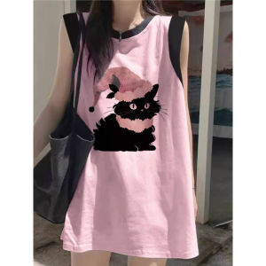 เสื้อกั๊กแขนกุดผ้าฝ้ายแท้สำหรับผู้หญิง ทรงหลวม ทรงสลิมฟิต ใส่ได้หลากหลาย สำหรับฤดูร้อนปี 2025 เสื้อยืดสตรีทสไตล์ใหม่