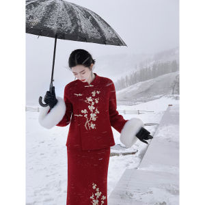 LINGQIAN | New Chinese Style Wool Set Jacket Skirt