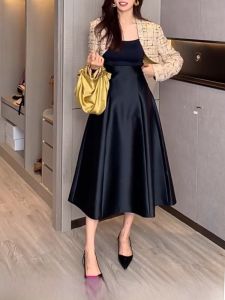 Váy Chữ a Cạp Cao Thời Trang Cho Nữ Dáng Ôm Siêu Mỏng Mùa Thu Màu Trơn Váy Midi Dài Bằng Vải Polyester