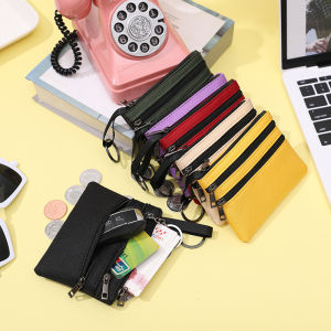 3 Zippers Canvas Coin Purse Womens Mini Wallet Solid Change Purses With Keychain Money Bags Coin Key Storage Bag Card Holder