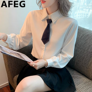 AFEG Korean version shirt collar ribbon fashion loose temperament bright thread chiffon long-sleeved blouse for women