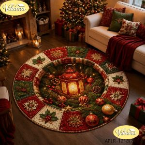 VIKAMA Christmas Round Rug Christmas Kitten Ribbon Tree Gifts Area Rug Living Room Holiday Home Decor Aesthetic Art Large Cute