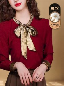 Silk Butterfly Knot Long Sleeve Shirt Womens Fashion Retro Style Commute Straight Tube Top High End Feeling  Silk Blouse