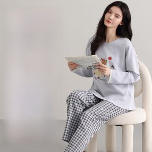 MiiOW | Bộ đồ ngủ dài tay thoải mái cho nữ MiiOW Cat Person có đệm ngực chống điểm tr�m quần áo mặc nhà cotton mùa thu