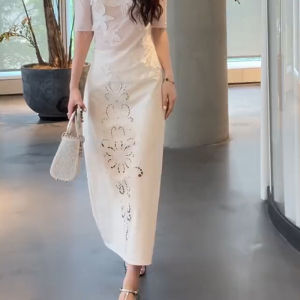 New Chinese Style Heavy Embroidery Hollow Design Half Skirt Women Summer Elegant Atmosphere Niche Long Skirt plus Size