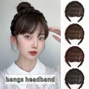 Wig Headband with Bangs Hair Hoop Bangs Wig Women Natural Fishbone Braid Hair Hoop Real Hair Air Bangs High Skull Top Cover Hairline