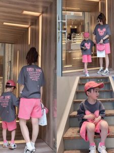 Summer Casual Fashionable Parent-Child Clothes Set Light Pink Cartoon Two-Piece Suit for Three Generations Family Matching