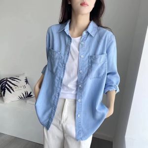 Retro Denim Shirt Womens Long Sleeve Loose Casual Shirt Inner Wear Layering Outer Thin Versatile Spring Autumn New Style