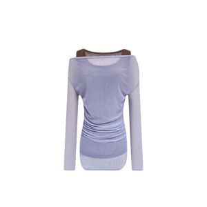 YUEZHONGWEI | Summer Thin Long Sleeve T-Shirt Womens Shoulder Bared Mesh Panel Color Block Slim Fit Korean Style Commute Fashion Top