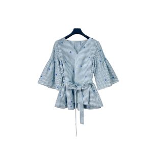 Shalldoer | Summer Womens Fashionable V-neck Mesh Shirt Casual Top Korean Style Bell Sleeve Loose Fit Five Sleeve Thin Material Daily Wear