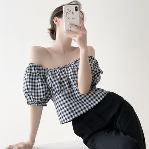 Yahi เสื้อสวมหัวปาดไหล่ลายสก๊อตแขนพองสำหรับผู้หญิงเสื้อเกาะอกแขนสั้นเซ็กซี่ออกแบบพิเศษสำหรับสาวอวบแบบใหม่